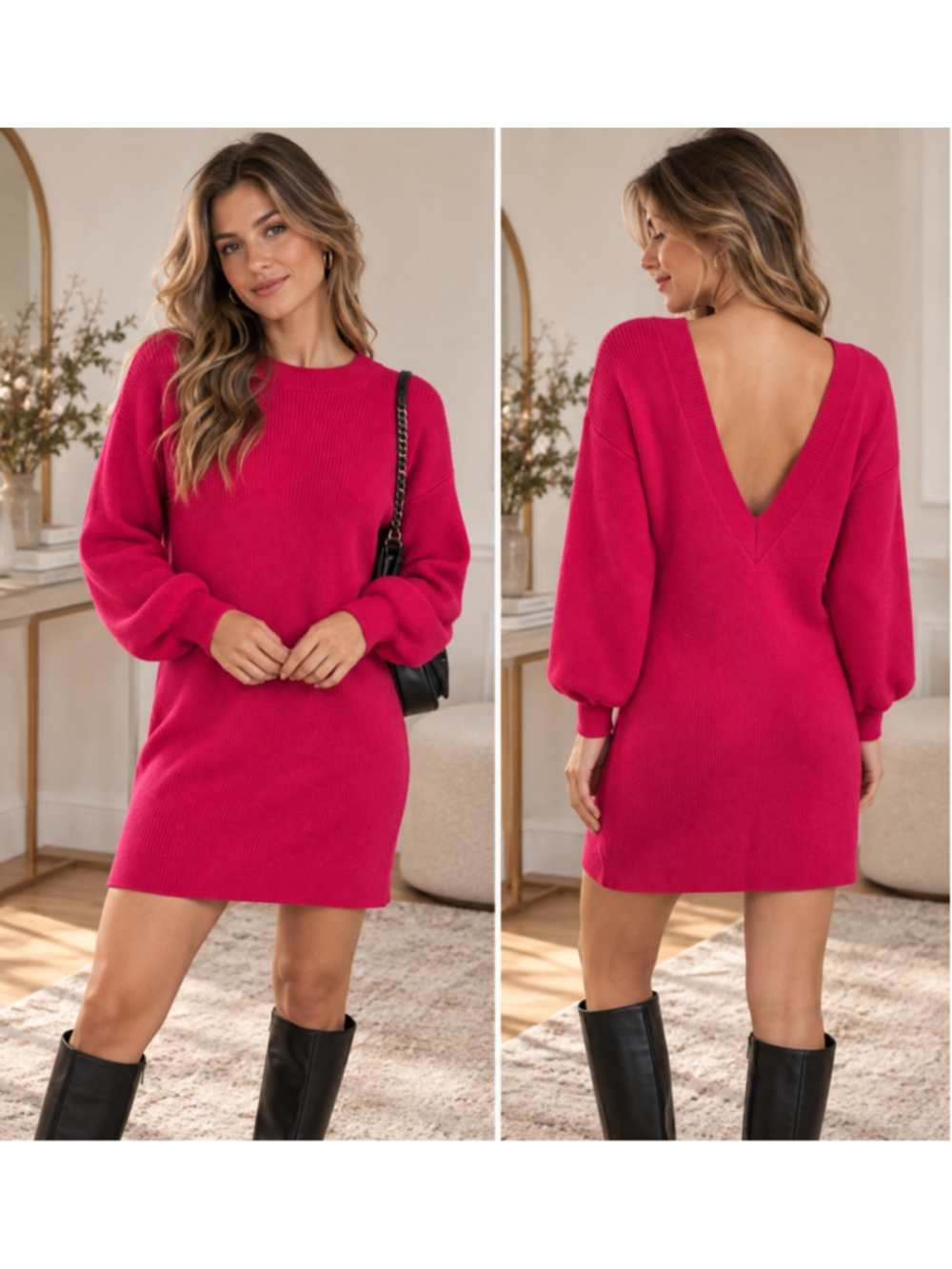 Chelsea28 Sweater Dress XS Hot Pink Deep V Back Balloon Sleeve Knit NWOT